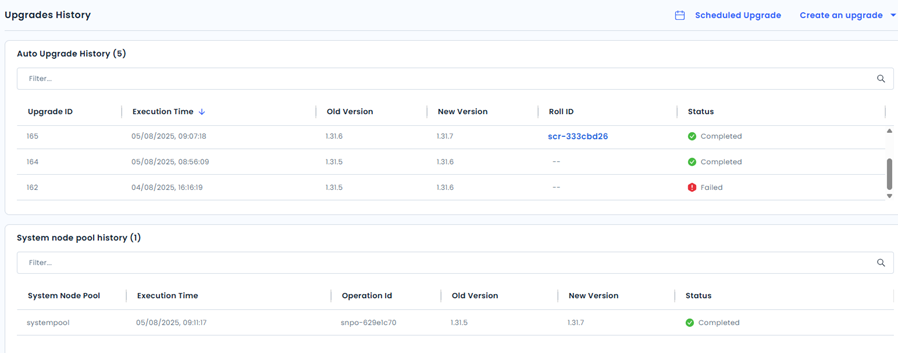 Auto-upgrades history screen showing a table listing completed AKS control plane patch version upgrades. The table includes columns for execution time, old version, new version, roll ID, and run status. Statuses are color-coded as green for completed, orange for partly completed, red for failed, and black for stopped. The wider environment is a web console with navigation tabs and filter options. The tone is neutral and informative. Visible text includes Execution Time, Old Version, New Version, Roll ID, Status, and filter controls for Updates History.